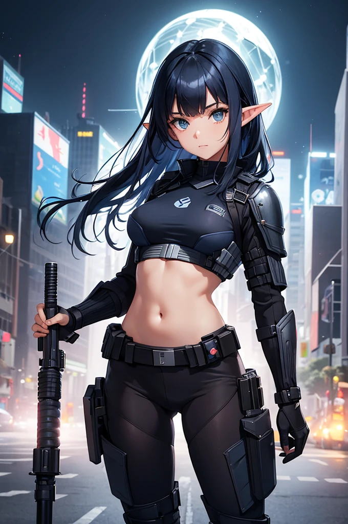Create high quality images featuring an elf girl with dark navy blue hair and straight bangs. She is a member of the police special forces., The belly button is slightly protruding。Have a lightsaber. The background must depict a city inside a dome, Next to her is a black armored vehicle