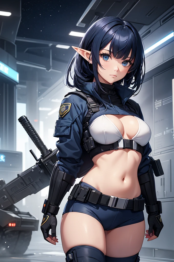Create high quality images featuring an elf girl with dark navy blue hair and straight bangs. She is a member of the police special forces., The belly button is slightly protruding。Have a lightsaber. The background must depict a city inside a dome, Next to her is a black armored vehicle
