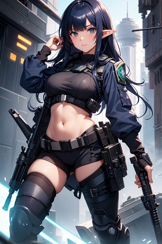 Create high quality images featuring an elf girl with dark navy blue hair and straight bangs. She is a member of the police special forces., The belly button is slightly protruding。Have a lightsaber. The background must depict a city inside a dome, Next to her is a black armored vehicle