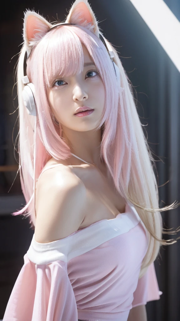 (Photorealistic: 1.4), Best Quality, Ultra High Resolution, 4K, Instagram-worthy, Highly Detailed, Alice (Nikke) with her distinctive pink bodysuit and animal ears, donning artificial ear accessories, wears gloves and headphones with a trendy headset. The jacket she wears complements her outfit, adding a touch of fashionability. Alice, with her rosy pink eyes and twintails, poses confidently with a crystal pendant in hand, radiating a charming smile that lights up her face. Her white gloves and long, pristine white hair add to her allure as she captures the attention of viewers in this captiv