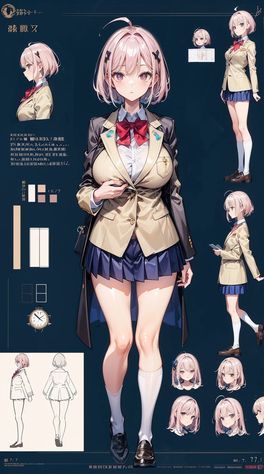 girl, alone, whole body, From head to toe, Are standing, (Huge_chest:1.3),
Character design sheet, Character Reference Sheet, 設計図のSchematic, Drafting, Blueprint, Schematic,
((Character design sheet:1.7, Character Reference Sheet:1.7,)),
anime/cartoon character wearing a girls , 1girl, alone, Thigh-high socks, blazer burezaa (blazer), Ahoge, Long Hair, bow, , shoes, loafers, ribbon, (Very short skirt:1.4), (panties:1.5),, (Good:1.5),In underwear:1.3