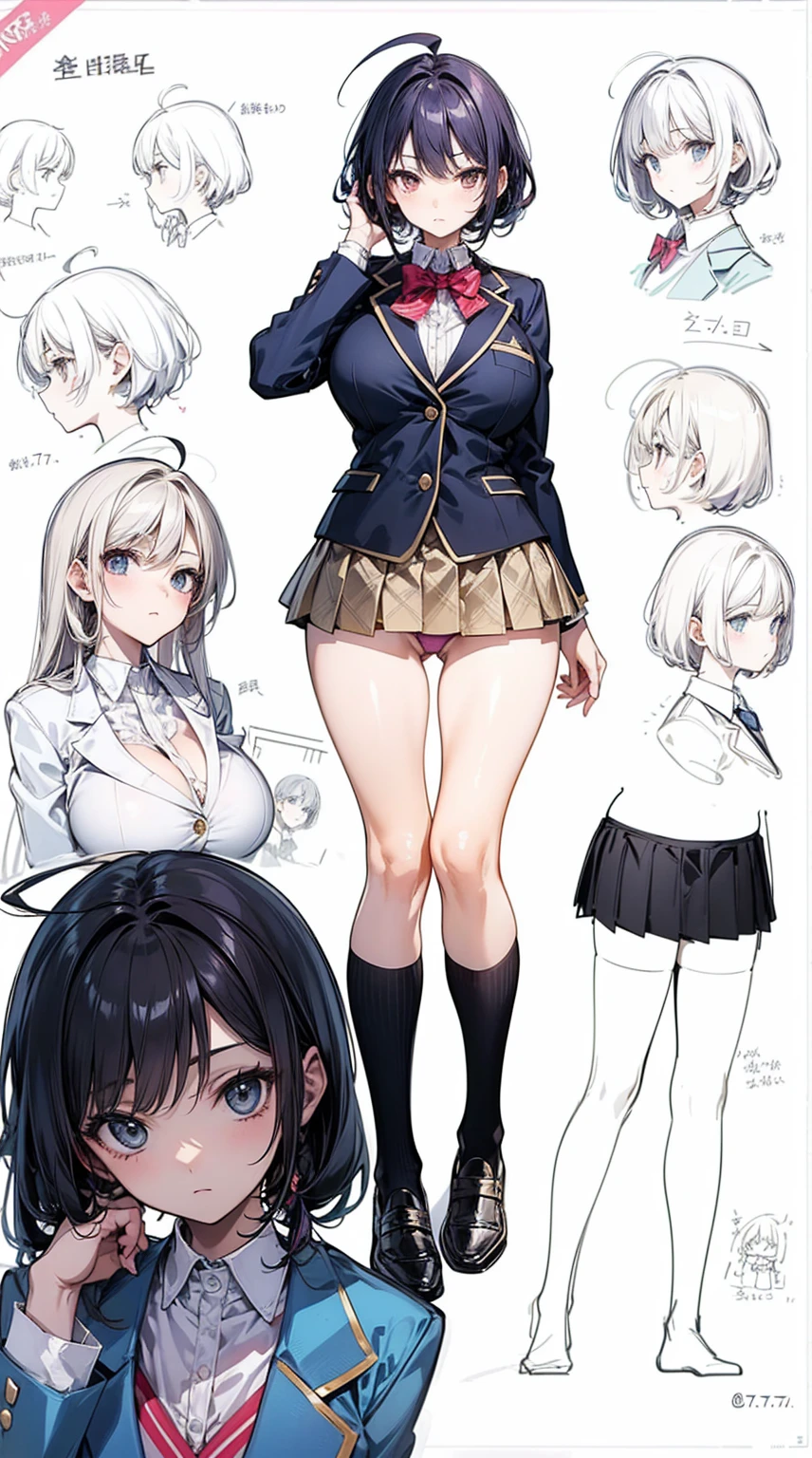 girl, alone, whole body, From head to toe, Are standing, (Huge_chest:1.3),

Character design sheet, Character Reference Sheet, 設計図のSchematic, Drafting, Blueprint, Schematic,
((Character design sheet:1.7, Character Reference Sheet:1.7,)),

anime/cartoon character wearing a girls , 1girl, alone, Thigh-high socks, blazer burezaa (blazer), Ahoge, Long Hair, bow, , shoes, loafers, ribbon, (Very short skirt:1.4), (panties:1.5),, (Good:1.5),In underwear:1.3