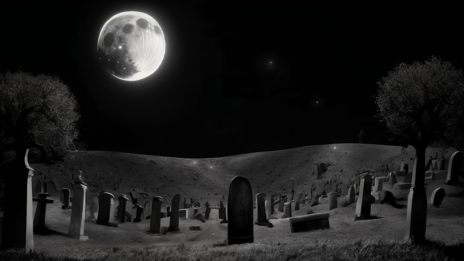 by TimBurton Animation horror \(theme\), moon, stars, night, dark, no humans, full moon, scenery, outdoors, sky, cemetery, tombstones, (monochrome:0.5)