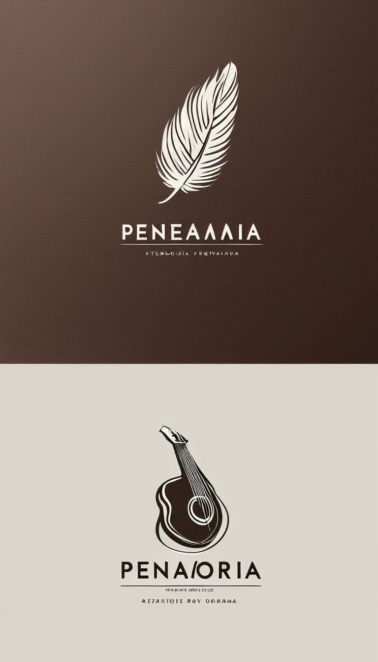 A minimal, high quality, modern, simple, cinematic symbol design for the brand “Penamemoria". The logotype must be a simple, magical feather and a boy playing acoustic guitar. The logo must convey a sense of music, stories and dreams. Logo design impressed on a book cover. Minimalistic logo