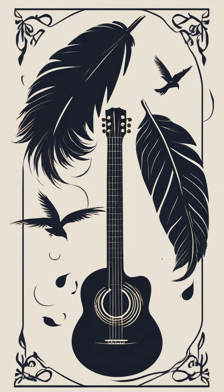 A minimal, high quality, modern, simple, cinematic symbol design for the brand “Penamemoria". The logotype must be a simple, magical feather and a boy playing acoustic guitar. The logo must convey a sense of music, stories and dreams. Logo design impressed on a book cover. Minimalistic logo