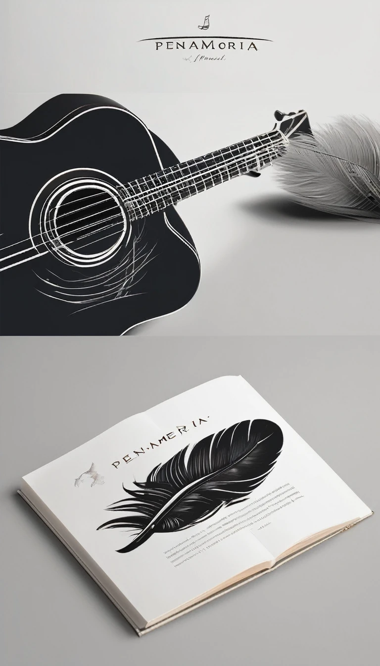A minimal, high quality, modern, simple, cinematic symbol design for the brand “Penamemoria". The logotype must be a simple, magical feather and a boy playing acoustic guitar. The logo must convey a sense of music, stories and dreams. Logo design impressed on a book cover. Minimalistic logo
