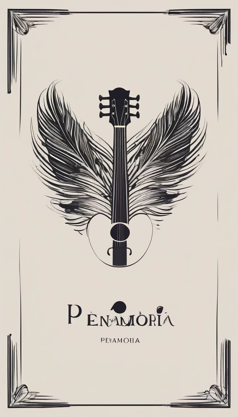 A minimal, high quality, modern, simple, cinematic symbol design for the brand “Penamemoria". The logotype must be a simple, magical feather and a boy playing acoustic guitar. The logo must convey a sense of music, stories and dreams. Logo design impressed on a book cover. Minimalistic logo