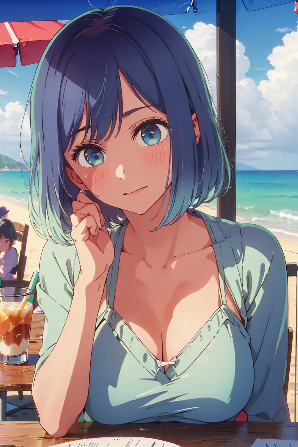 (Highest quality:1.4、masterpiece:1.4、Super detailed:1.4、8K:1.4)、((((1 person、Surprised expression、sit、Outdoor café terrace、coastal、juice、table、Sandy Beach、juiceのグラスを持つ、Plain Bikini、The depth of the written world、Very soft boobs、Big eyes、Very cute face))))、F cup bust、Medium breast、Underboob