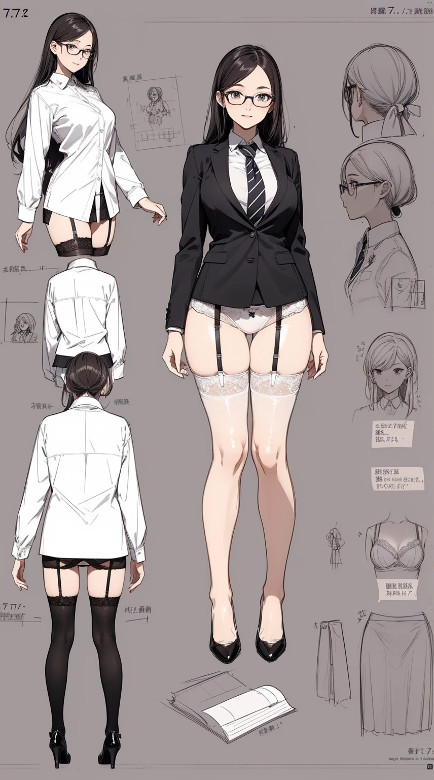 girl, alone, whole body, From head to toe, Are standing, (Huge_chest:1.3),

Character design sheet, Character Reference Sheet, 設計図のSchematic, Drafting, Blueprint, Schematic,
((Character design sheet:1.7, Character Reference Sheet:1.7,)),

anime/cartoon character wearing a girls , 1girl, alone, ,Mature Woman,chestの谷間,Long sleeve,Collared shirt,White shirt,,(Tight Skirt),((garter belt)),(High heels),Skirt Suit,mini skirt,office lady,Long Hair, bow, ,  (Very short skirt:1.4), (lingerie:1.5),secretary,Thin glasses, In underwear:1.3