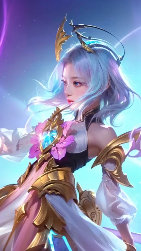 a young girl in a white dress holding a sword, beautiful detailed eyes, beautiful detailed lips, extremely detailed face and eyes, long eyelashes, elegant pose, intricate details, dramatic lighting, fantasy, knights of zodiac, star guardian inspired, highly detailed, 4k, photorealistic, vivid colors, dramatic lighting, fantasy art, digital painting