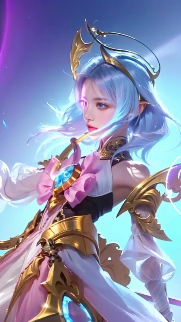 a young girl in a white dress holding a sword, beautiful detailed eyes, beautiful detailed lips, extremely detailed face and eyes, long eyelashes, elegant pose, intricate details, dramatic lighting, fantasy, knights of zodiac, star guardian inspired, highly detailed, 4k, photorealistic, vivid colors, dramatic lighting, fantasy art, digital painting