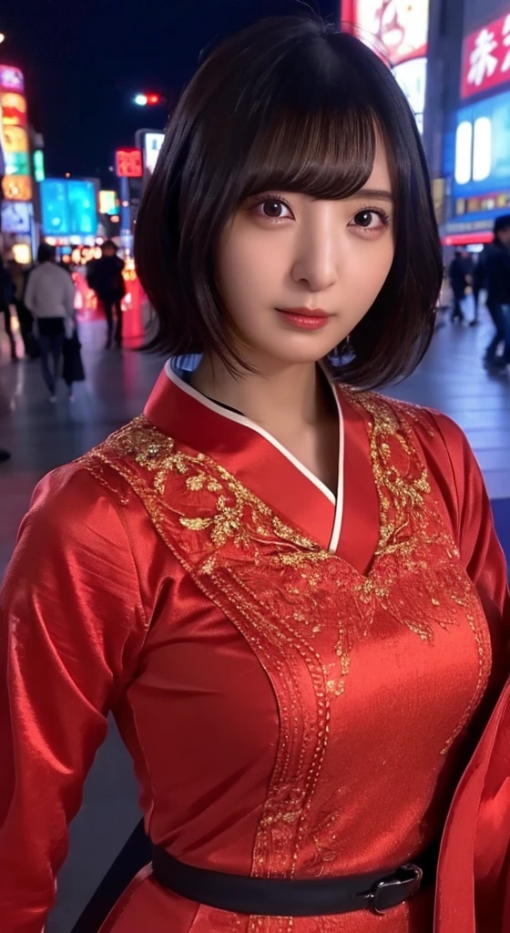 Highest quality,8K,masterpiece:1.3),(Ultra-high resolution,Photorealistic:1.4,RAW shooting),(Ultra-detailed,Caustics,Perfect Anatomy),(Highly detailed background,Ultra-Realistic Capture,Beautiful and detailed eyes),(Shibuya Scramble Crossing:1.1),(Sexy red china clothes),(Sexy pose:1.1),Japanese,20-year-old,cute,Beautiful black hair,Large Breasts,Staring at this,Naughty look, night,Dynamic Lighting,