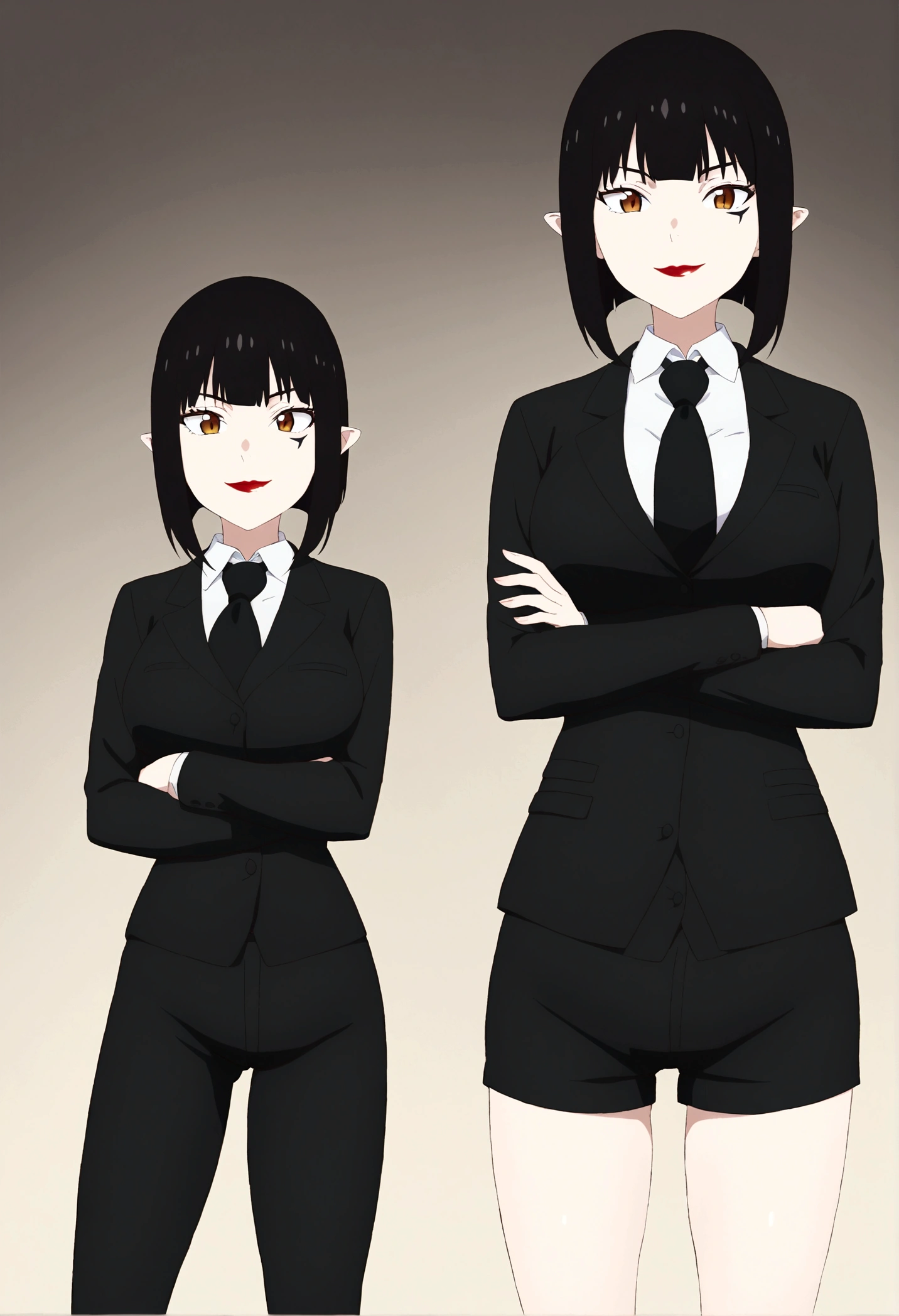 Beautiful girl, shorth hair, wearing a formal suit, necktie, large breasted, sensuous, lipstick, smilling face, gorgeous eyes, Bblack hair, Clean and combed hair, rot (x) Behind her,shorts curto, whole body,crossed arms,shorts curto