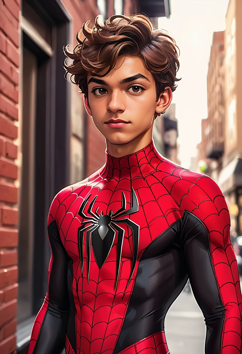 A twenty year old light skinned hispanic. with short brown hair cosplaying a red and black spiderman suit. Well toned body and handsome.
