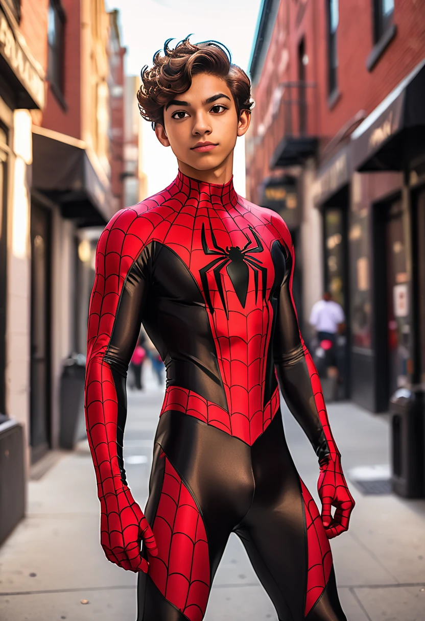 A twenty year old light skinned hispanic. with short brown hair cosplaying a red and black spiderman suit. Well toned body and handsome. 