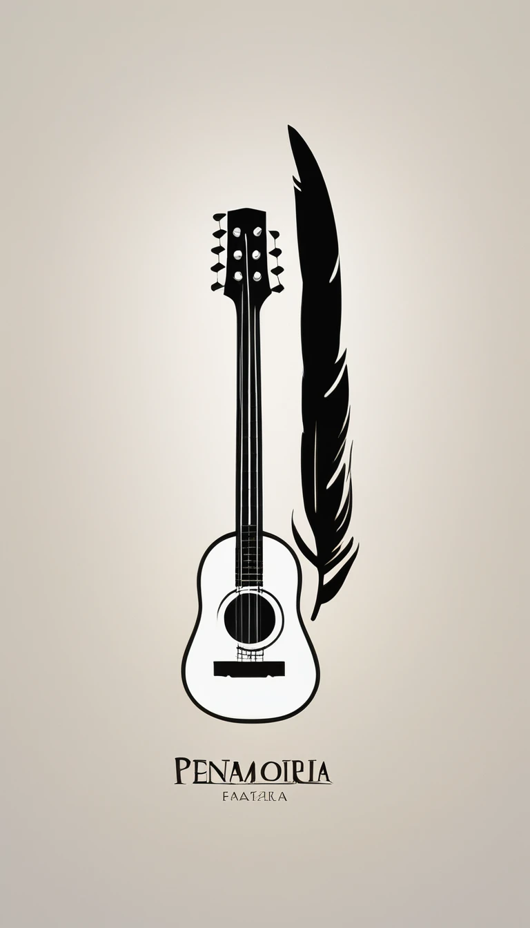 A minimal, high quality, modern, simple, cinematic symbol design for the brand “Penamemoria". The logotype must be a simple, magical feather and a boy playing acoustic guitar. The logo must convey a sense of music, stories and dreams. Logo design impressed on a book cover. Minimalistic logo