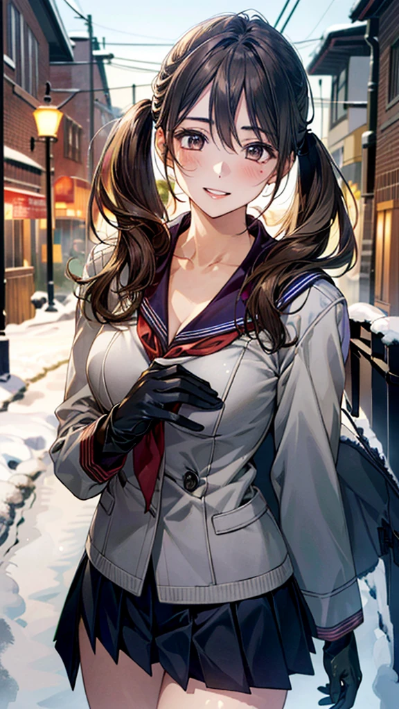 (masterpiece:1.3, top-quality, ultra high res, ultra detailed), (realistic, photorealistic:1.4), beautiful illustration, perfect lighting, natural lighting, colorful, depth of fields, surrealism,
beautiful detailed hair, beautiful detailed face, beautiful detailed eyes, beautiful clavicle, beautiful body, beautiful chest, beautiful thigh, beautiful legs, beautiful fingers,
looking at viewer, 1 girl, japanese, 14 years old, (perfect anatomy, anatomically correct), cute and symmetrical face, babyface, perfect face, shiny skin,
(middle hair:1.7, twintails:1.4, light brown hair), hair between eyes, brown eyes, long eye lasher, (large breasts:0.5, seductive thighs),
(((gray medium coat, muffler, knitted gloves), navy pleated skirt, navy sailor collar, red sailor scarf)),
(beautiful scenery), winter, evening, (downtown), (waving hand), snow, snowfall:1.5, freezing weather, frost, walking, extremely sexy, (happy smile, parted lips), (((bunny girl)))