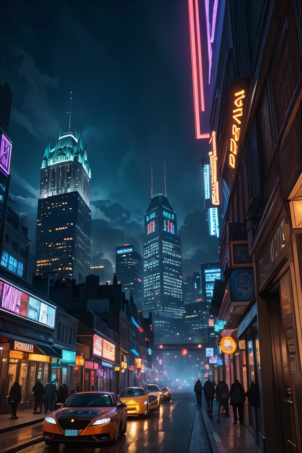 a vibrant, futuristic Quebec City at dusk in digital art, combining elements of cyberpunk and sci-fi with the dynamic style of a Marvel comic book illustration. The scene is awash in neon hues and iridescent lights, with towering skyscrapers piercing the clouds, their mirrored facades reflecting a kaleidoscope of colors. Holographic advertisements swirl around, bathing the bustling streets in an ethereal glow, as sleek levitating cars zoom past amidst a whirlwind of smoke and mist. The cityscape evokes a sense of dynamic energy and limitless possibilities, set against a warm, burnt orange sky. Integrate bold lines, intricate textures, and kinetic energy, with colors bursting in saturated hues of emerald green, fiery orange, and royal blue. Characters should leap off the page with raw emotion, framed by ornate, gilded borders and enhanced with subtle texture overlays and ink splatters, infusing the artwork with a sense of ancient, mystical reverence. Iconic Quebec City landmarks like the Château Frontenac and the historic Old Town should be seamlessly blended into this futuristic vision, maintaining their architectural charm amidst the advanced technological setting.