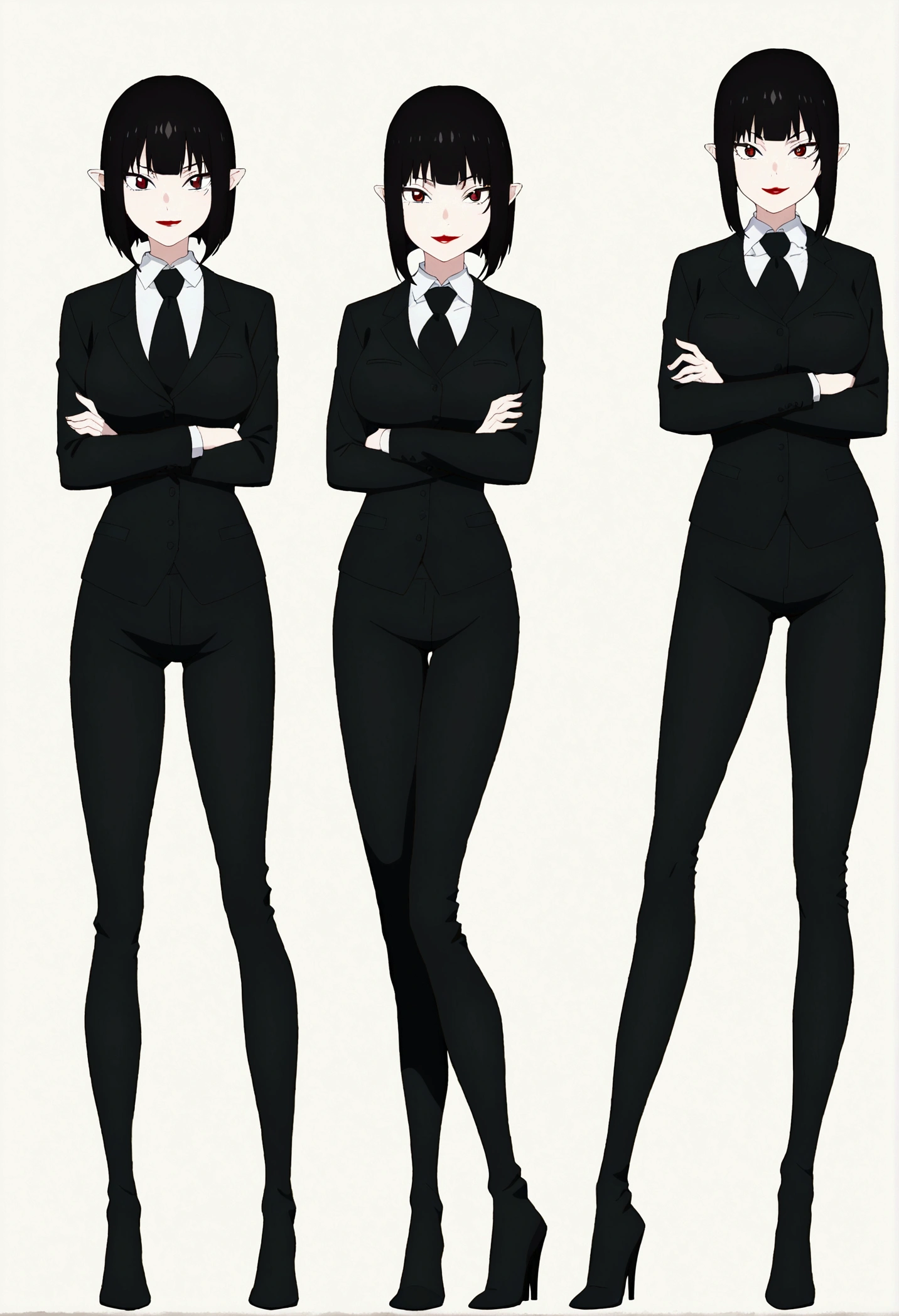 独奏,Beautiful girl, shorth hair, wearing a formal suit, necktie, large breasted, sensuous, lipstick, smilling face, gorgeous eyes, Bblack hair, Clean and combed hair, rot (x) Behind her,shorts curto, whole body,crossed arms,shorts curto,black tights
