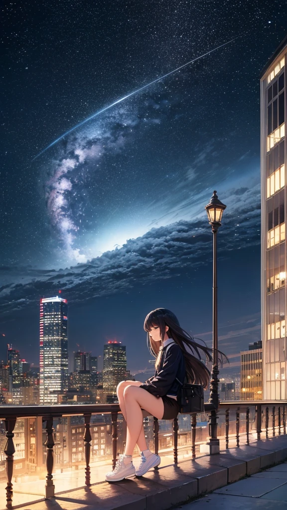 masterpiece, Exquisite detail,Highest quality, One girl, alone, handrail, cloud, Looking up at the buildings,Long Hair, zero, Long sleeve, Power lines, White footwear, Black Hair, View your viewers, Electric pole, bangs, cloudy zero, fish, bird, Green Eyes, Shorts, Day, Black Shirt, barefoot,Whale flying in the sky,Giant whale,night,Star,milky way,night,Pitch black,Buildings,Sitting,bright,noon,sun,Shine