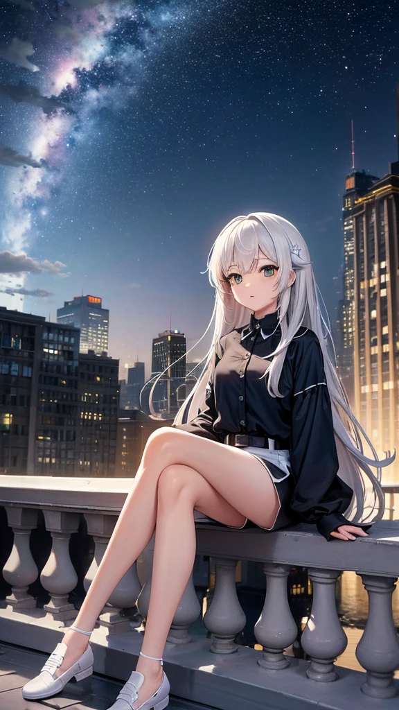 masterpiece, Exquisite detail,Highest quality, One girl, alone, handrail, cloud, Looking up at the buildings,Long Hair, zero, Long sleeve, Power lines, White footwear, Black Hair, View your viewers, Electric pole, bangs, cloudy zero, fish, bird, Green Eyes, Shorts, Day, Black Shirt, barefoot,Whale flying in the sky,Giant whale,night,Star,milky way,night,Pitch black,Buildings,Sitting,bright,noon,sun,Shine