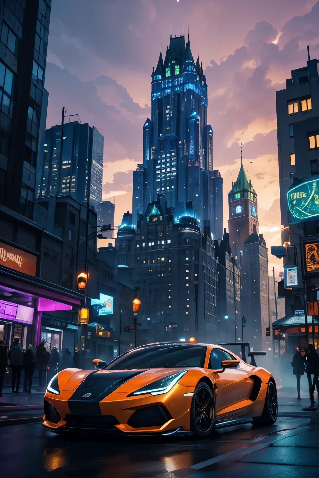 a vibrant, futuristic Quebec City at dusk in digital art, combining elements of cyberpunk and sci-fi with the dynamic style of a Marvel comic book illustration. The scene is awash in neon hues and iridescent lights, with towering skyscrapers piercing the clouds, their mirrored facades reflecting a kaleidoscope of colors. Holographic advertisements swirl around, bathing the bustling streets in an ethereal glow, as sleek levitating cars zoom past amidst a whirlwind of smoke and mist. The cityscape evokes a sense of dynamic energy and limitless possibilities, set against a warm, burnt orange sky. Integrate bold lines, intricate textures, and kinetic energy, with colors bursting in saturated hues of emerald green, fiery orange, and royal blue. Characters should leap off the page with raw emotion, framed by ornate, gilded borders and enhanced with subtle texture overlays and ink splatters, infusing the artwork with a sense of ancient, mystical reverence. Iconic Quebec City landmarks like the Château Frontenac and the historic Old Town should be seamlessly blended into this futuristic vision, maintaining their architectural charm amidst the advanced technological setting.