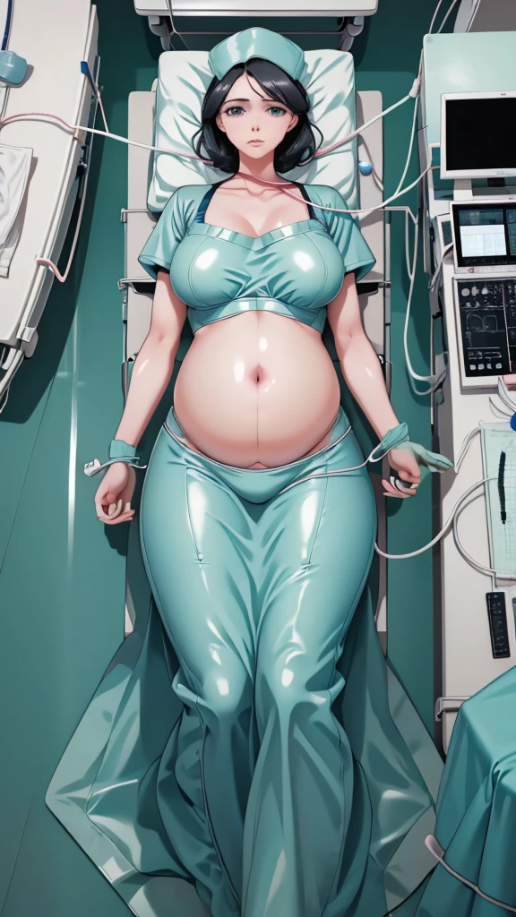 Score_9, Score_8, Score_7, source_anime, raw image, masterpiece, highest quality, view from top down, see all over the body,
a hospital, 1 women, solo, pregnant and close to giving birth, pale skin, frown, worried eyes, on the surgical bed, lying on the operating bed, lie on your back, lying with arms spread out, in the operating room, surgical cap, big breasts, underwear, bare stomach, show your belly, not covering the stomach, don't put your hands together over she stomach, don't cover up her stomach, there is a surgical bed cover covering the legs, surgical lamp,
Picture explaining the cesarean section event