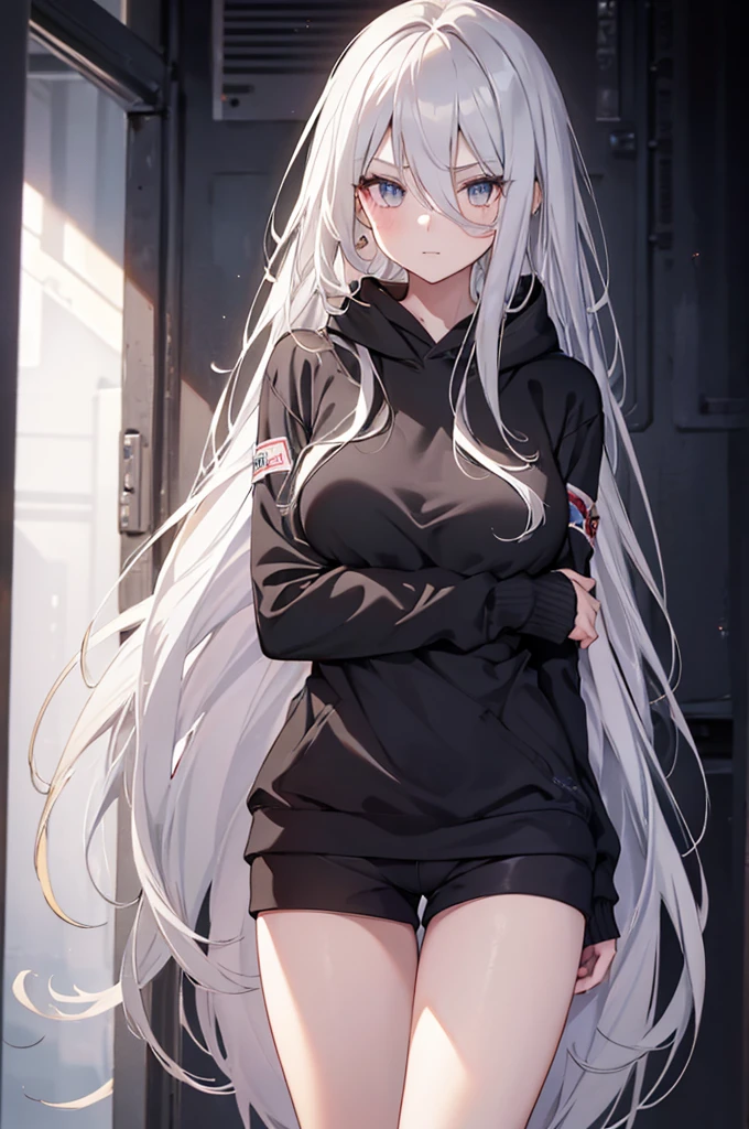 1girl, {Solitary}, Upper Body ,{{ {Watching at viewer}}}, Arms at your sides, Concept Art, white Background, simple Background, White hair, Silver gradient hair , Composite cloth, Asymmetrical clothes, Virtual YouTuber, best quality, masterpiece, Dynamic Angle, , cowboy_shooting, Watching_Back, grab, girl,Miss,woman, young,20 years old, Very long hair, Hair Flip, Silver Hair, Flowing hair, Ahog, giggle, Beautiful and delicate golden eyes, teeth, Large Breasts, Blonde eyes, White skin, hoodie, Black_shorts, Gray clothes, transparent_Background, Backlighting, absurd, high resolution, Extremely detailed,sweater,