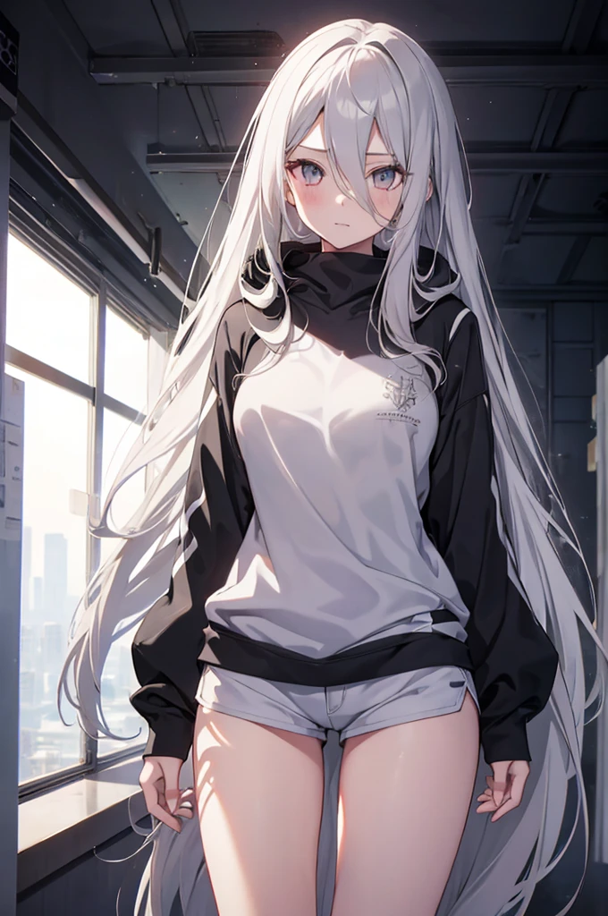 1girl, {Solitary}, Upper Body ,{{ {Watching at viewer}}}, Arms at your sides, Concept Art, white Background, simple Background, White hair, Silver gradient hair , Composite cloth, Asymmetrical clothes, Virtual YouTuber, best quality, masterpiece, Dynamic Angle, , cowboy_shooting, Watching_Back, grab, girl,Miss,woman, young,20 years old, Very long hair, Hair Flip, Silver Hair, Flowing hair, Ahog, giggle, Beautiful and delicate golden eyes, teeth, Large Breasts, Blonde eyes, White skin, hoodie, Black_shorts, Gray clothes, transparent_Background, Backlighting, absurd, high resolution, Extremely detailed,sweater,