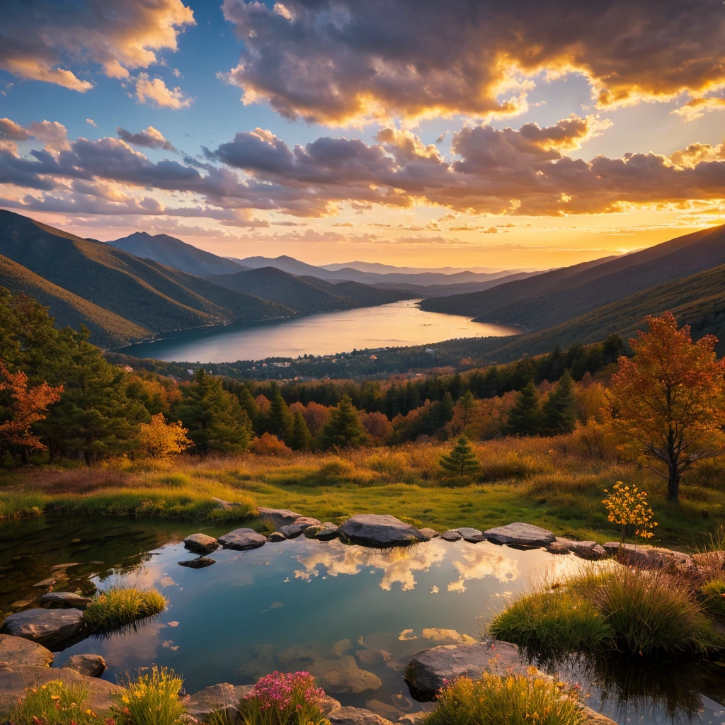 Deep mountain lake, dusk, golden glow, realistic, detailed, beautiful scenery, small pond