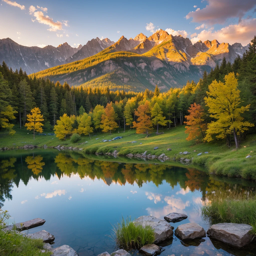 Deep mountain lake, dusk, golden glow, realistic, detailed, beautiful scenery, small pond