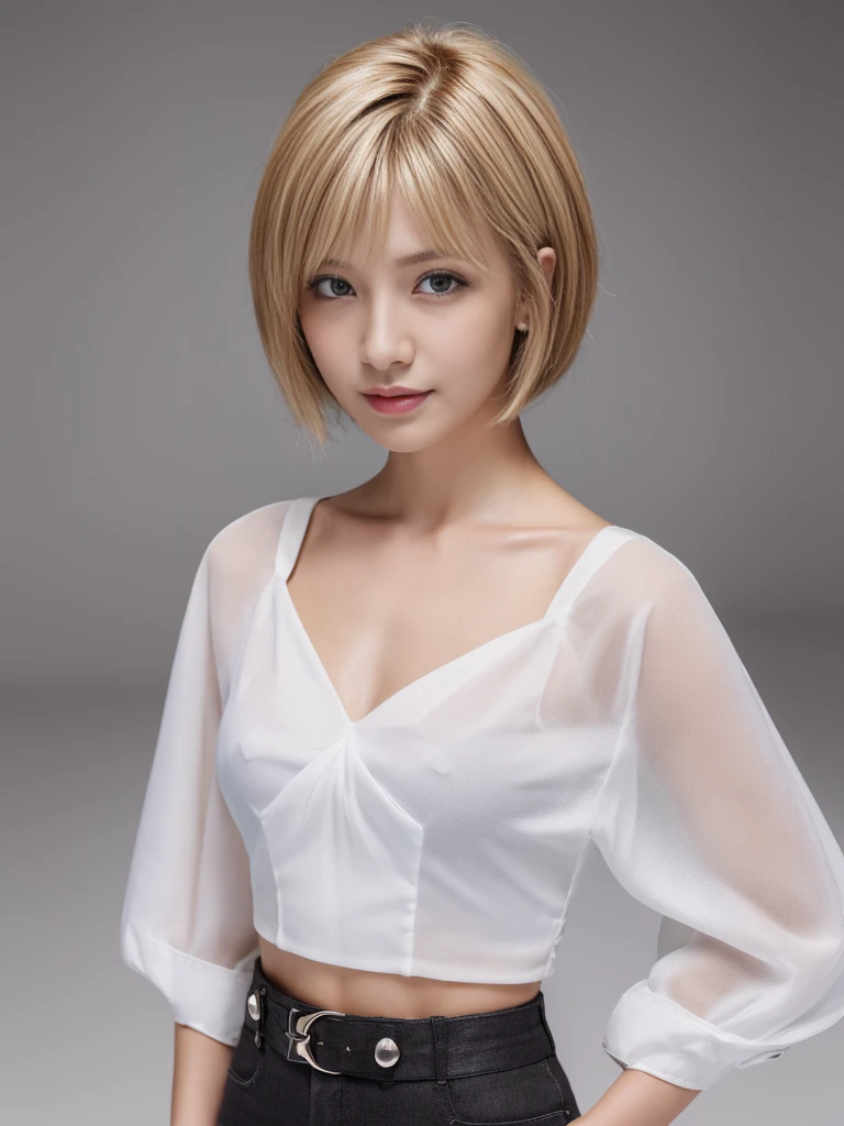 ((Highest quality、In 8K、masterpiece:1.3))、Sharp focus:1.2、Beautiful woman perfect body:1.4、Slim Abs:1.2、((Short Hair:1.2))、shirt、The background is white、Wet body:1.5、Three-dimensional texture、Detailed eyes、（Brown Hair、Black Hair:1.1)、Very shiny hair、Hair quality improvement、Handsome short、Short-haired blonde。