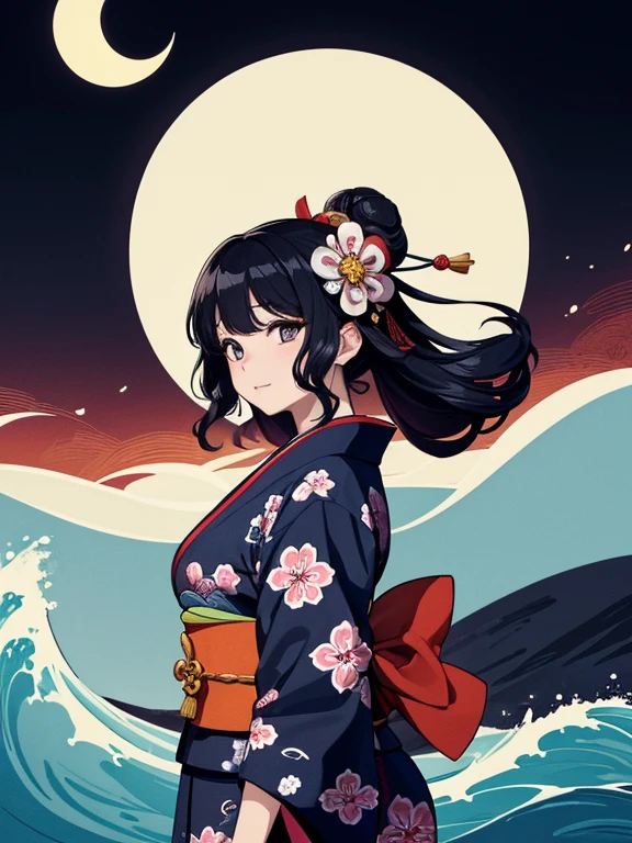 (Highest quality、masterpiece、High resolution、8K)、Ukiyo-e、Vibrant colors、Katsushika Hokusai、1 female、Black hair Japanese topknot、The kimono has a vivid floral pattern on a white background.、Official Art、背景はUkiyo-e風、White waves and Mt. Fuji、Flowers and Moon、White waves and the moon