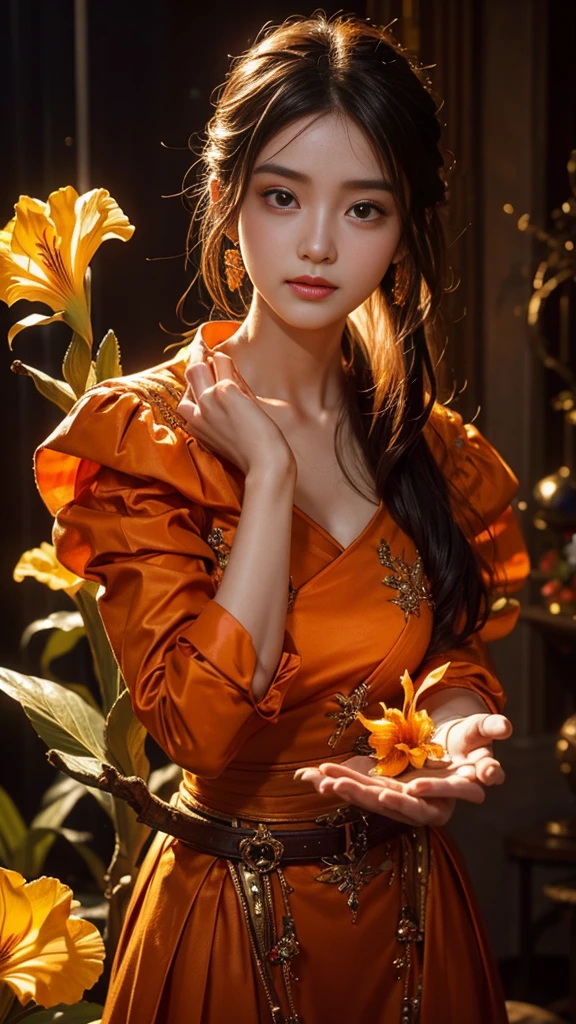 Full figure, seven -clinging shooting, 18 years old, wearing firefly clothes, exquisite faces, details, hands, ultimate details, amazing magnificence, Pedaipan style, fiber hair, glowing orange iris, glowing orange flower, sitting,