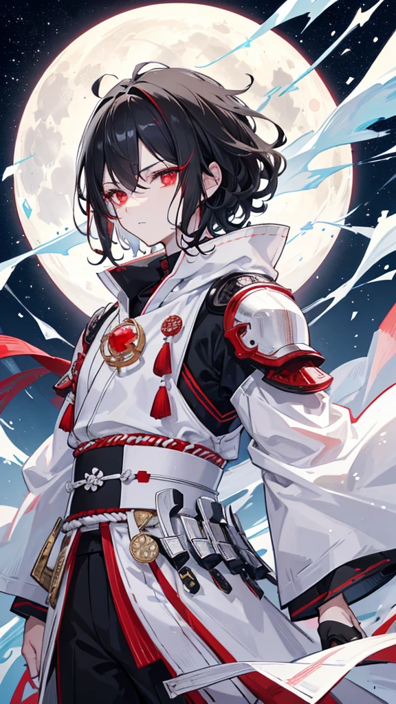 Young man, attractive, short, curly black hair with bright white highlights on the bangs, Red eyes, expressive and fierce. beautiful face, a small scar on the left eye, He wears white samurai-type warrior armor without a helmet., and a long sharp sword, standing on a glacier of ice, condo a glass castle, a white full moon and many stars