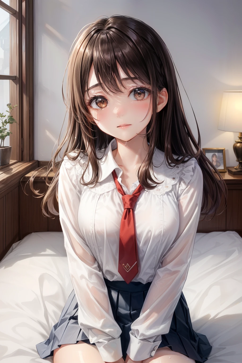 Midnight, うす暗いbedルーム, beautiful girl, ((寝室のbedに横たわる)), White shirt,(tie, Long sleeve), Pleated skirt, Slender body, ((Medium chest,  Beautiful body)), (Highest quality), (Highly detailed skin),(Medium Hair, My bangs get wet), (Beautiful girls), Eye for detail,(Droopy eyes:1.2), Delicate and beautiful face, Exquisite detail, ((Looking into the camera)), Highest quality, 8K, Soft colors, Gentle Night,Silence, Silenceの空気 , (Midnight), Dimly lit room, White wall, (White sheets, ) , (Calm evening atmosphere), I'm pounding, Embarrassed expression, bed, (Very cute face, Coquettish), ((Red cheeks))