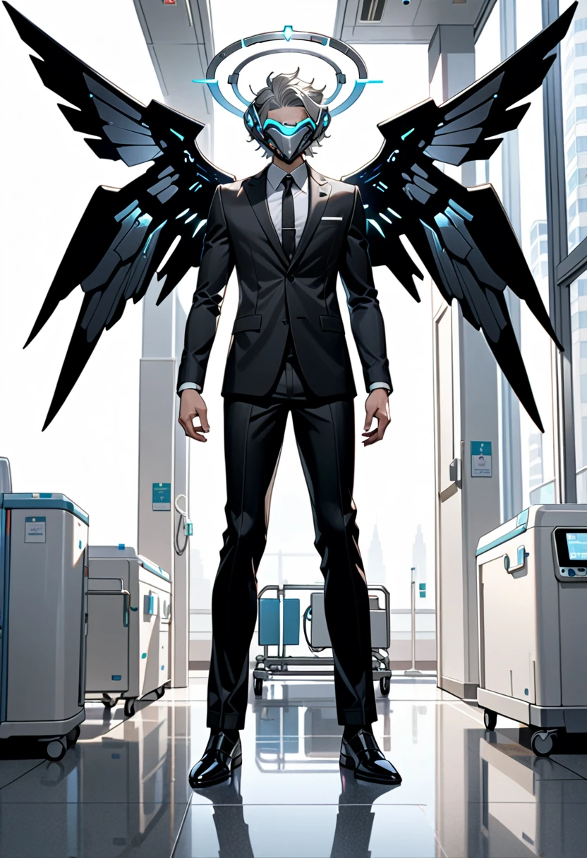 masterpiece, highest quality, highest resolution, clear_image, detailed details, gray hair, 1 boy, futuristic wings, futuristic halo, black suit, full body, no water marks, hospital, no extra limps, no extra body