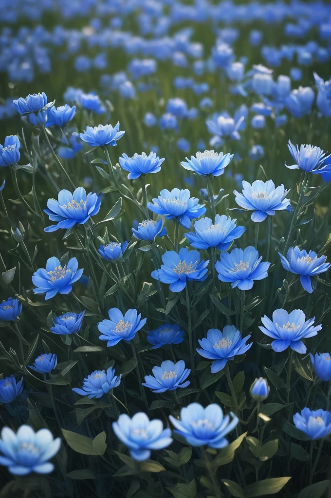 a close up of a bunch of blue flowers in a field, blue flowers bloomed all over, blue flowers, blue flower field, mediumslateblue flowers, lots blue colours, by Anato Finnstark, crown of blue flowers, by Kanō Tan'yū, pale blue eyes!, blue flowers accents, by Shen Che-Tsai