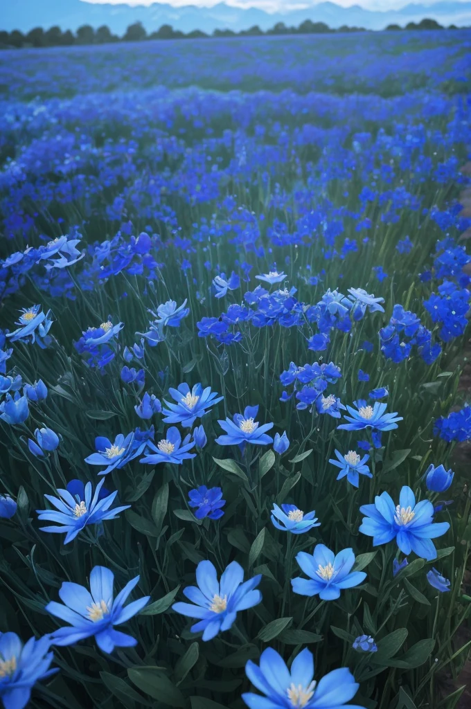 a close up of a bunch of blue flowers in a field, blue flowers bloomed all over, blue flowers, blue flower field, mediumslateblue flowers, lots blue colours, by Anato Finnstark, crown of blue flowers, by Kanō Tan'yū, pale blue eyes!, blue flowers accents, by Shen Che-Tsai