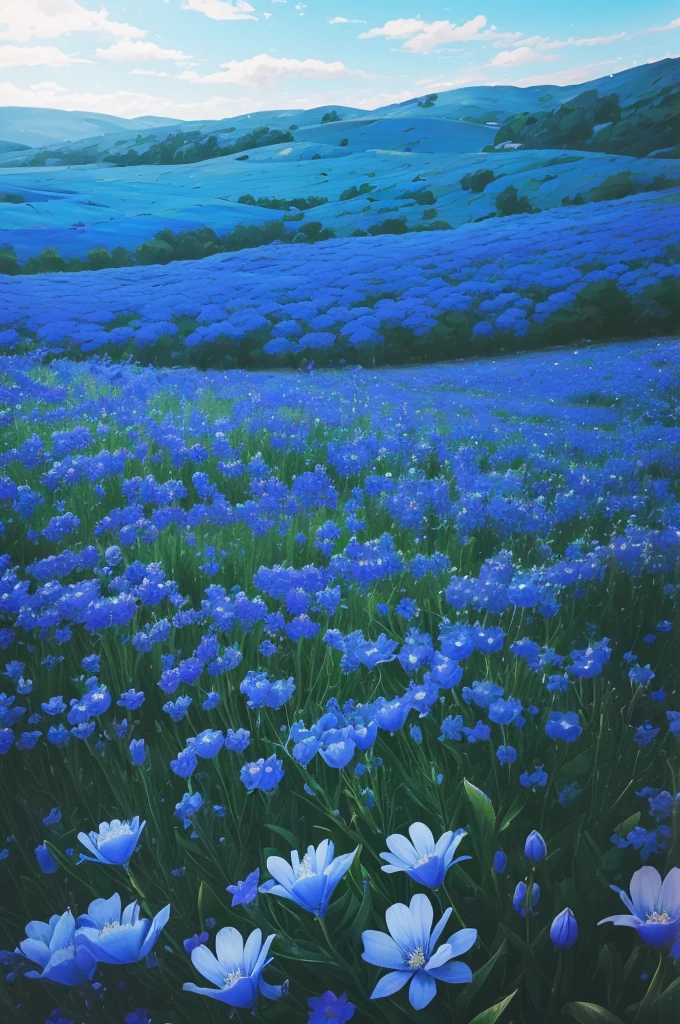 a close up of a bunch of blue flowers in a field, blue flowers bloomed all over, blue flowers, blue flower field, mediumslateblue flowers, lots blue colours, by Anato Finnstark, crown of blue flowers, by Kanō Tan'yū, pale blue eyes!, blue flowers accents, by Shen Che-Tsai