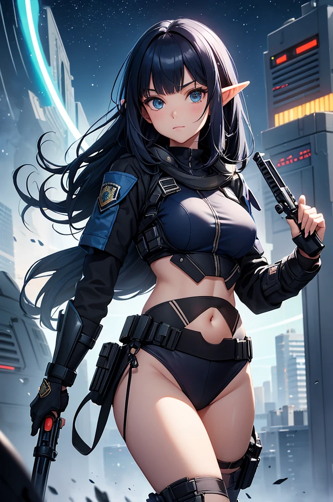 (masterpiece), best quality, expressive
eyes, perfect face,anime A girl
wearing a cybernetic,exoskeleton,Under
boob
One robotic arm,black bulletproof
vest,android,cyborg,black holster,black
utility Belt,black cape,Black Tactical Skirt
with pantyhose,braid black and
blue,black hood ,Perfect Delicate Face,
Detailed Face
Fleshy Lips,Eyes: (Expressive Detailed
Eyes),
(Heterochromia,Split-Color
Eyes.Beautiful, Gorgeous.Intricate Hair,
Ultra-Detailed,Absurdres, Correct
Proportions,Best
Texture 