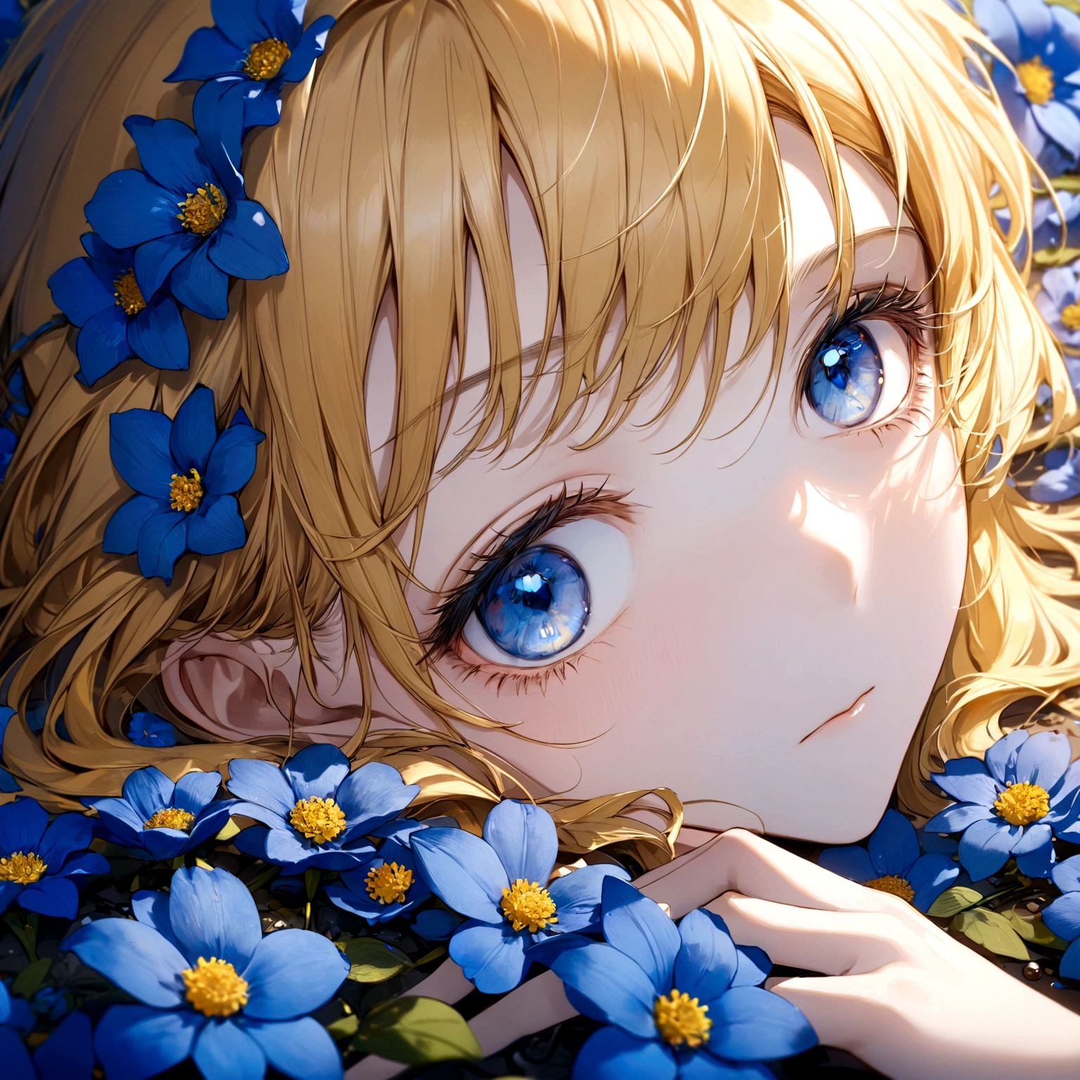 ((masterpiece:1.2, best quality)), (close-up:1.2), (head-shot:1.36), (perfect proportion), ultra detailed, Ultra-precise depiction, Ultra-detailed depiction, dramatic lighting, 1girl, solo, yellow hair, blue eyes, laying on blue flowers,
