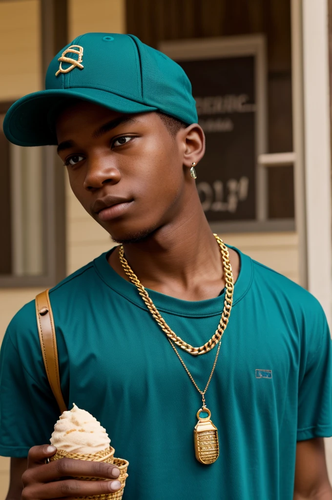 An African American age boy wearing teal punkster clothes and a backwards teal baseball cap. He also has a gold chain around his neck and has an ice cream cone in his hand.