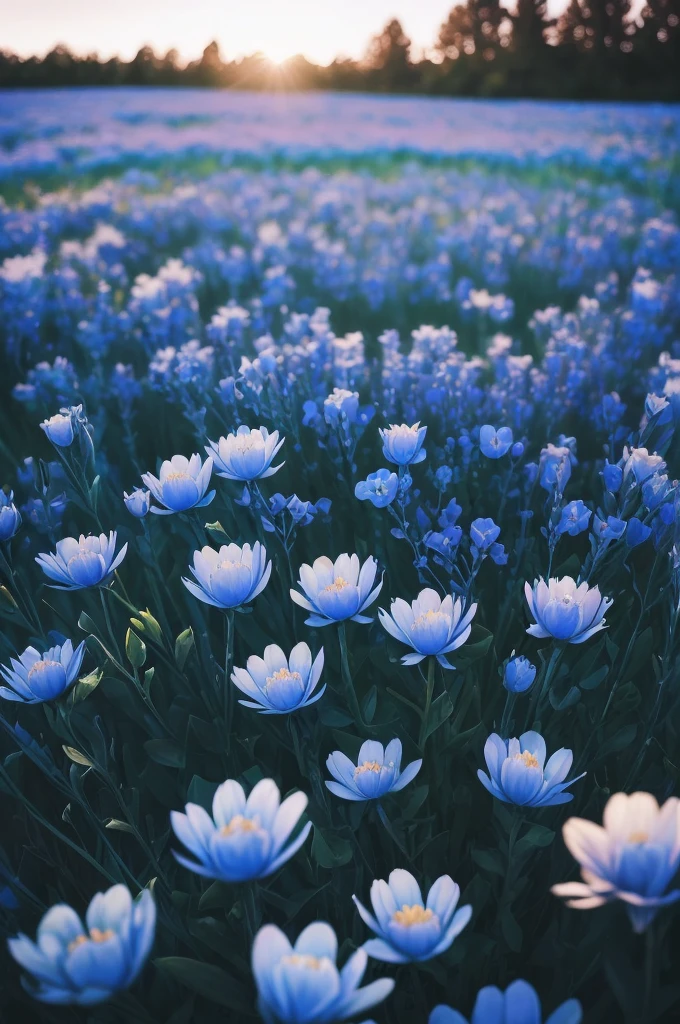 a close up of a bunch of blue flowers in a field, blue flowers bloomed all over, blue flowers, blue flower field, mediumslateblue flowers, lots blue colours, by Anato Finnstark, crown of blue flowers, by Kanō Tan'yū, pale blue eyes!, blue flowers accents, by Shen Che-Tsai