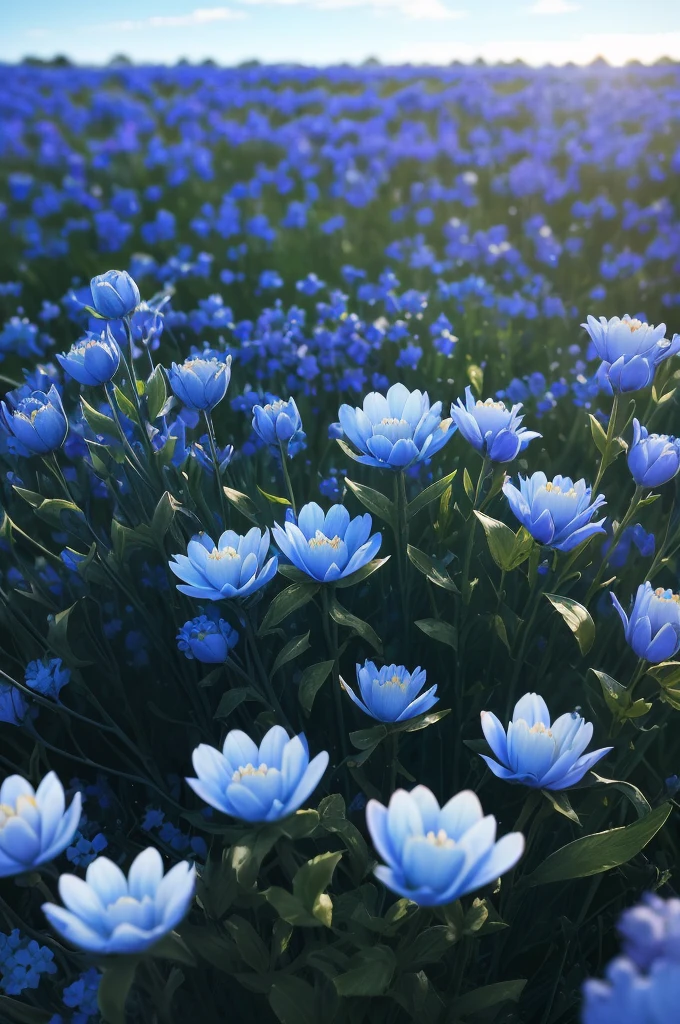 a close up of a bunch of blue flowers in a field, blue flowers bloomed all over, blue flowers, blue flower field, mediumslateblue flowers, lots blue colours, by Anato Finnstark, crown of blue flowers, by Kanō Tan'yū, pale blue eyes!, blue flowers accents, by Shen Che-Tsai