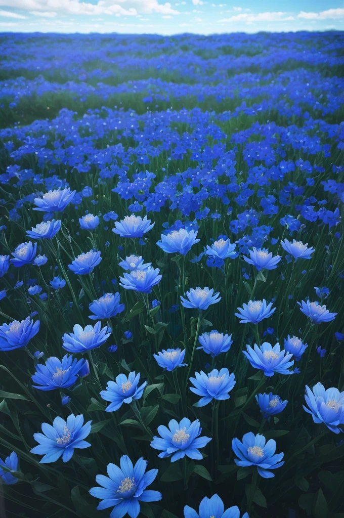 a close up of a bunch of blue flowers in a field, blue flowers bloomed all over, blue flowers, blue flower field, mediumslateblue flowers, lots blue colours, by Anato Finnstark, crown of blue flowers, by Kanō Tan'yū, pale blue eyes!, blue flowers accents, by Shen Che-Tsai