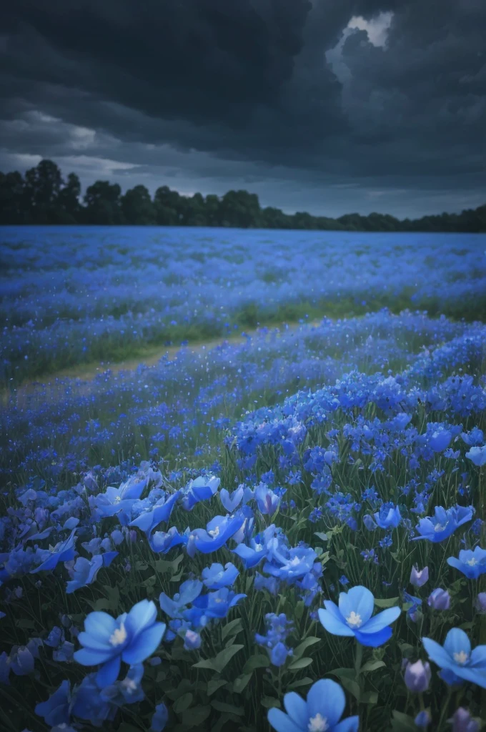 a close up of a bunch of blue flowers in a field, blue flowers bloomed all over, blue flowers, blue flower field, mediumslateblue flowers, lots blue colours, by Anato Finnstark, crown of blue flowers, by Kanō Tan'yū, pale blue eyes!, blue flowers accents, by Shen Che-Tsai