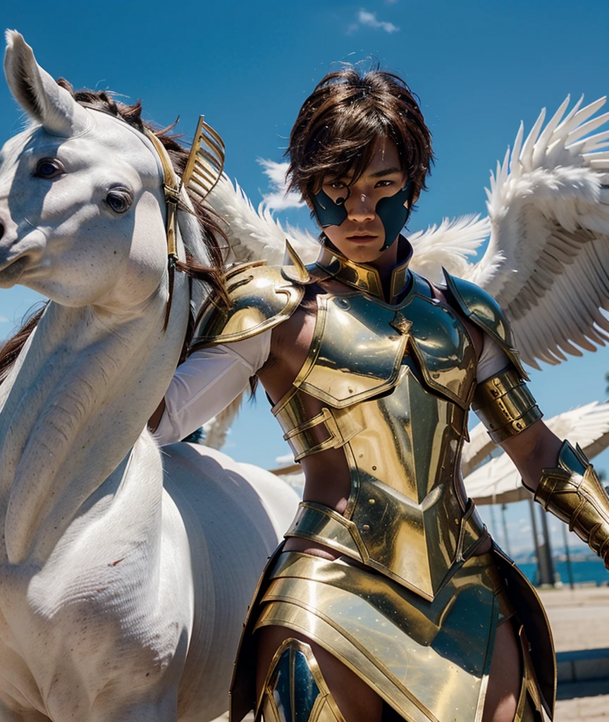 Pegasus Seiya, a young warrior with brown hair stands in an attacking pose.  He wore white armor with red and gold accents, protecting his body from head to toe.  This armor has a futuristic and dynamic design.  Behind him there is a visual of a blue winged horse which seems to give off an aura of energy, adding a magical and powerful impression to his figure.  Seiya raised one arm up with a determined expression, ready to fight.  The background of this image is white, highlighting the character and enchanting visual effect of her aura.