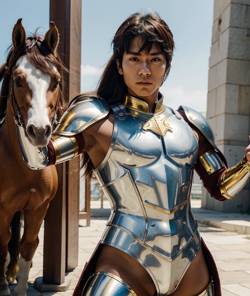Pegasus Seiya, a young warrior with brown hair stands in an attacking pose. He wore white armor with red and gold accents, protecting his body from head to toe. This armor has a futuristic and dynamic design. Behind him there is a visual of a blue winged horse which seems to give off an aura of energy, adding a magical and powerful impression to his figure. Seiya raised one arm up with a determined expression, ready to fight. The background of this image is white, highlighting the character and enchanting visual effect of her aura.
