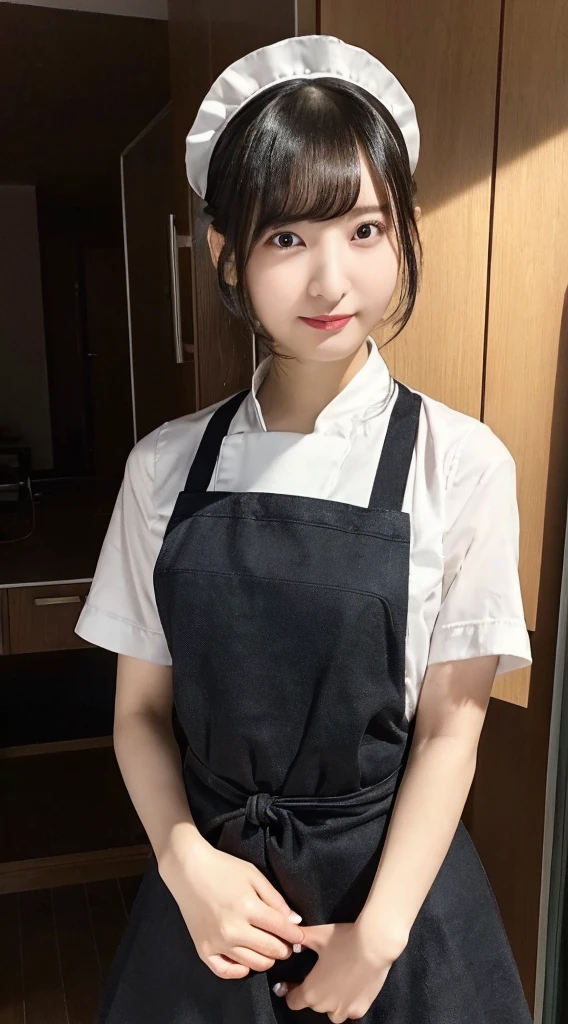 An innocent 20-year-old girl、((Maid, Black-haired, apron, Maidの頭飾り, Single hair bun, Hair Bun, Maidapron, Dramatic Pose)),smile,Modern Room,shortcut、RAW Photos, (8K、Highest quality、masterpiece:1.2)、(Intricate details:1.4)、(Photorealistic:1.4)、Octane Rendering、Complex 3D rendering with ultra-detail, Studio Soft Light, Rim Light, Vivid details, Super Detail, Realistic skin texture, Detailed aspect, Beautiful details in the eyes, Highly detailed CG Unity 16k wallpaper, compensate, (Detailed Background:1.2), Glowing Skin, whole body,Hands close to the face